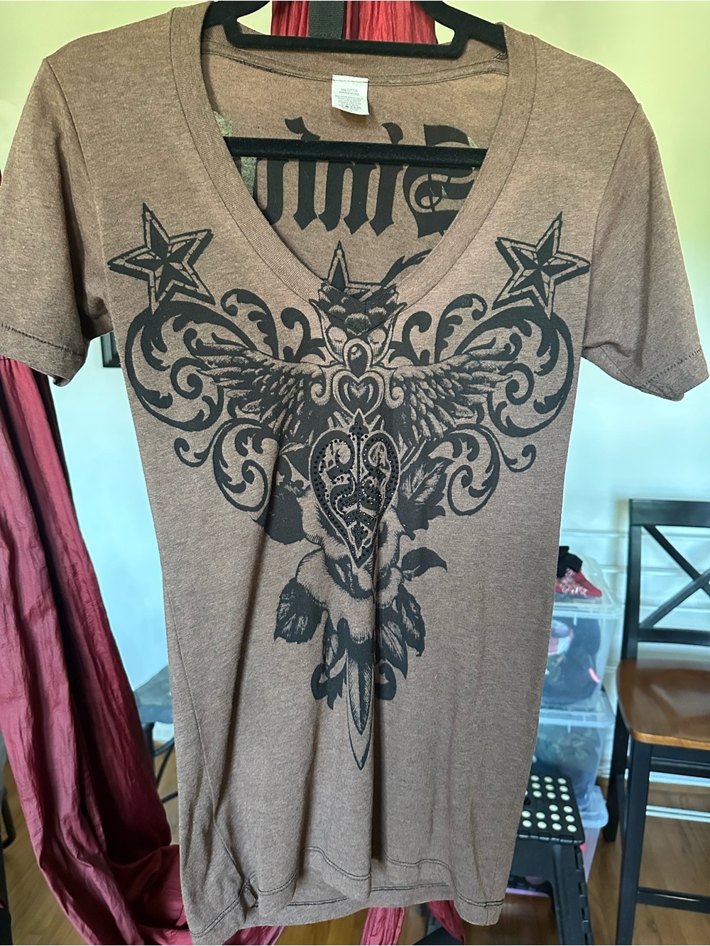 Affliction Brown Short Sleeve V-Neck Tee with Cool Black Graphic and sparkles.